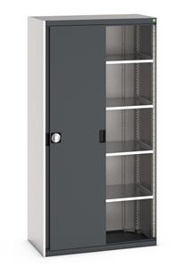 Bott cubio cupboard with lockable sliding doors 2000mm high x 1050mm wide x 525mm deep and supplied with 4 x 100kg capacity shelves.   Ideal for areas with limited space where standard outward opening doors would not be suitable.... Bott Cubio Sliding Solid Door Cupboards with shelves and drawers 1600mm high option available